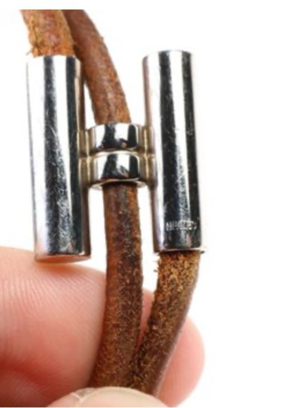 Hermes Brown Leather Double Cord Bracelet with Silver-Tone Hardware